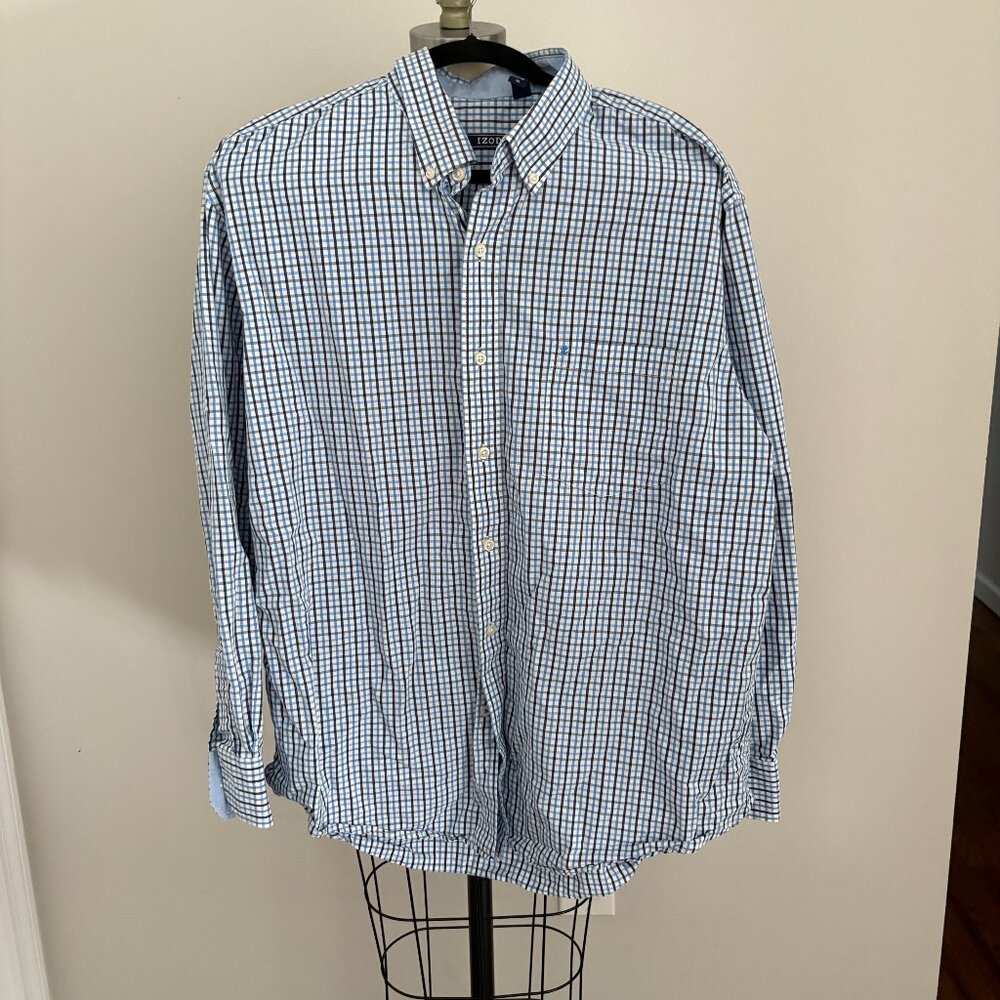 Izod Men's Long Sleeve Blue Plaid Button Down Shirt Preppy Office Party XL